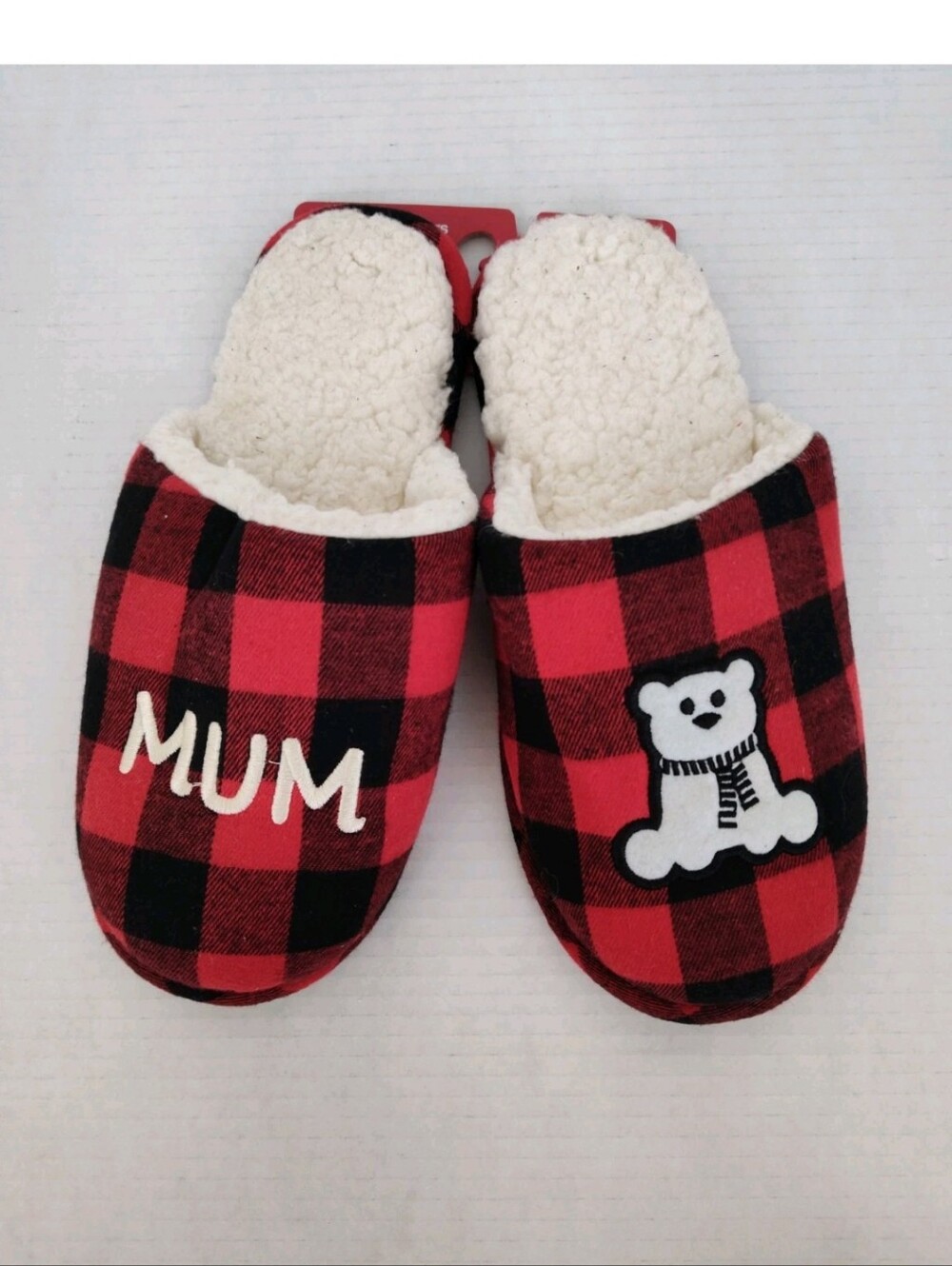 MUM Bear Buffalo Plaid Christmas Slippers Sz L 10-11 Holiday Slip ons Mom Slides